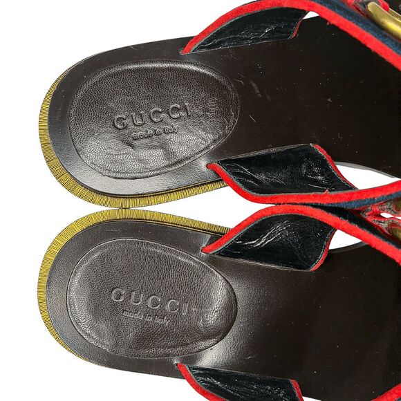 Gucci Querelle Red Suede Web Stripe Slide Heeled Wooden Sandals Women Size 36.5 - Picture 9 of 11